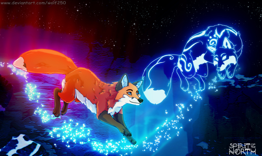 2019 4_toes ambiguous_gender black_nose blue_eyes canid canine detailed_background digital_media_(artwork) duo feral fox fur hi_res mammal night orange_body orange_fur outside paws sky spirit star starry_sky toes white_body white_fur wolf250