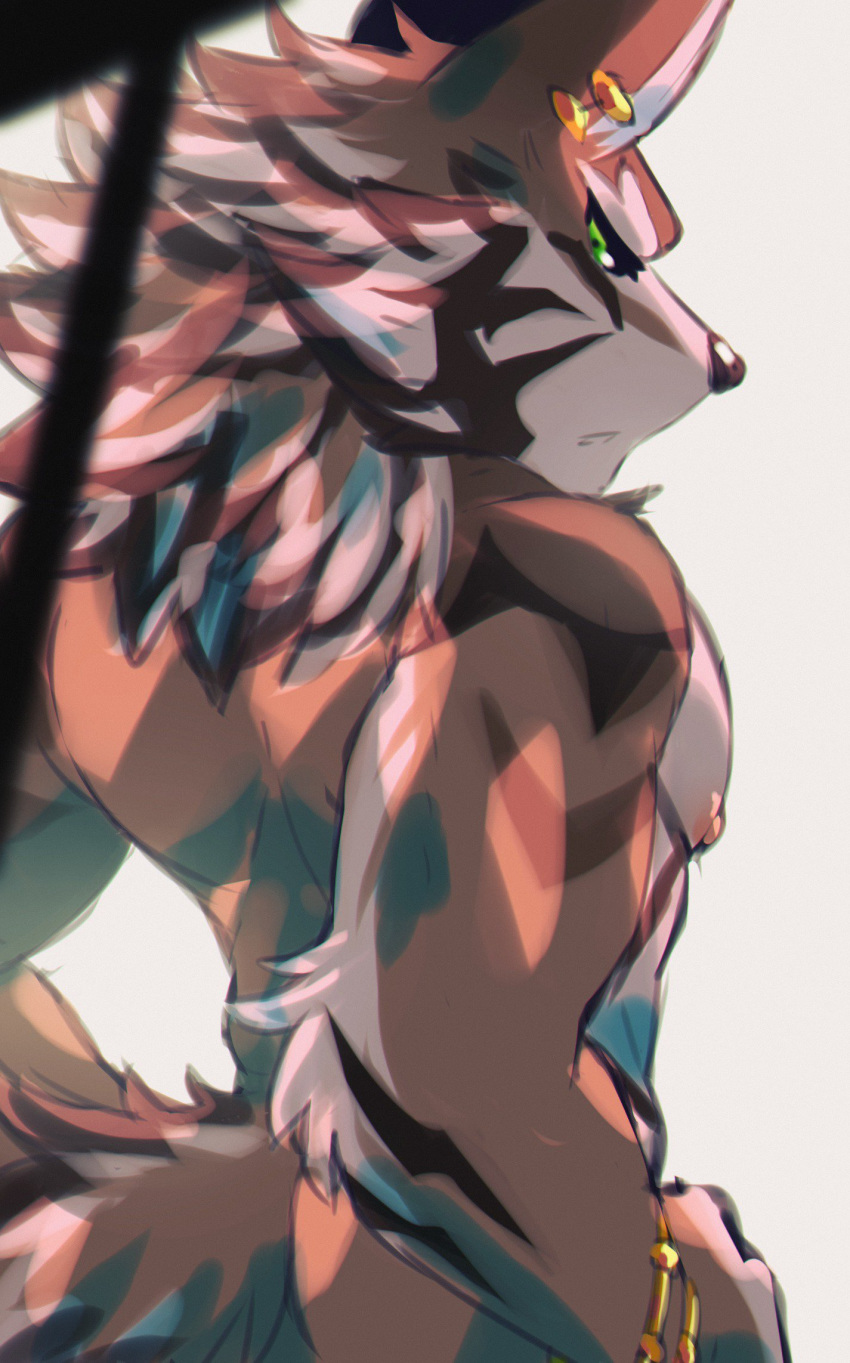 2019 back_muscles bracelet butt canid canine canis ear_piercing ear_ring hi_res jackal jewelry looking_back male mammal nipples nude piercing rear_view seth_(tas) soraa tokyo_afterschool_summoners video_games