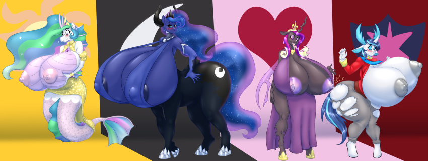 2019 5_fingers absurd_res alternate_species anthro antlers areola arthropod big_breasts blues64 blush breasts centaur changeling clothing crossgender cutie_mark equid equid_taur female fin fingers friendship_is_magic group hi_res hole_(anatomy) horn huge_breasts hyper hyper_breasts mammal mammal_taur marauder6272 my_little_pony nipple_outline nipples princess_cadance_(mlp) princess_celestia_(mlp) princess_luna_(mlp) purple_eyes shining_armor_(mlp) sibling siren sister sisters taur tongue tongue_out torn_clothing