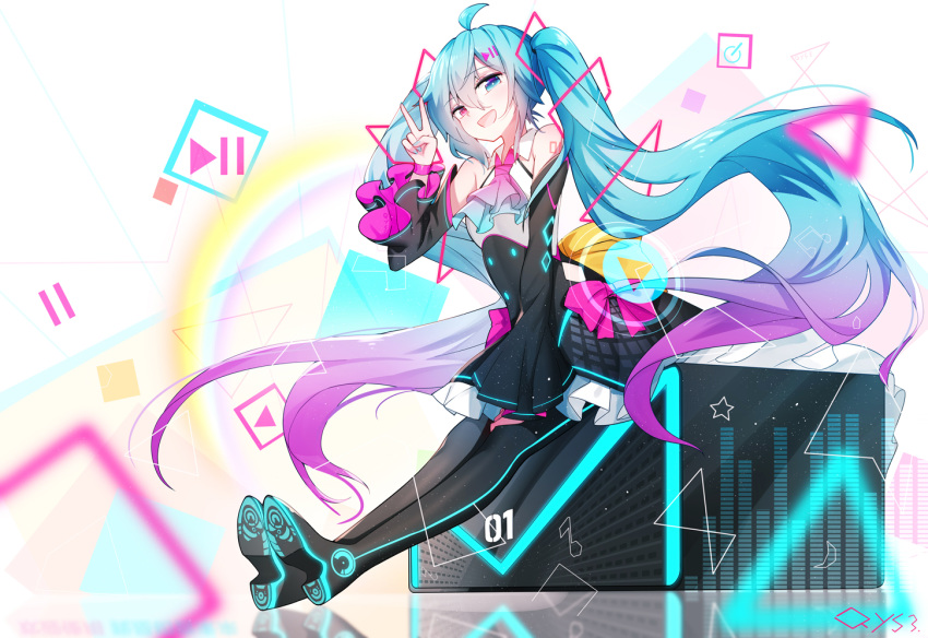 aqua_hair bai_yemeng bicolored_eyes boots dress hatsune_miku long_hair signed twintails vocaloid