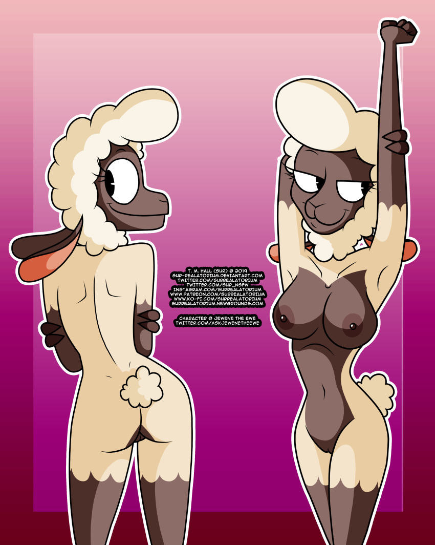 absurd_res anthro bovid breasts butt caprine female front_view fur hand_behind_head hi_res holding_arm jewene_the_ewe mammal multiple_poses nude pose pussy rear_view sheep smile solo stretching surrealatorium toony wool_(fur)