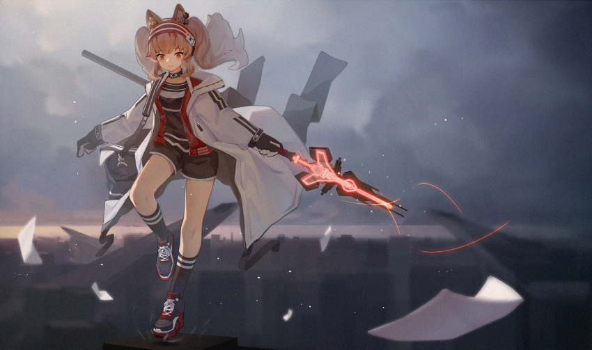 angelina_(arknights) animal_ears arknights brown_hair choker cropped gloves headband kneehighs red_eyes shorts spear sunligh_mao twintails weapon