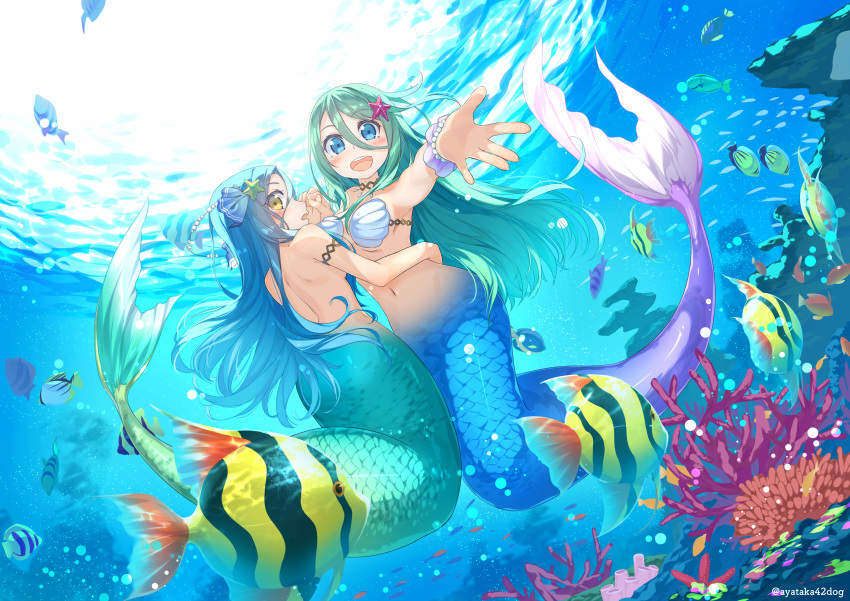 2girls animal ayataka bikini_top blue_eyes blue_hair fish green_hair long_hair mermaid navel original underwater water watermark yellow_eyes