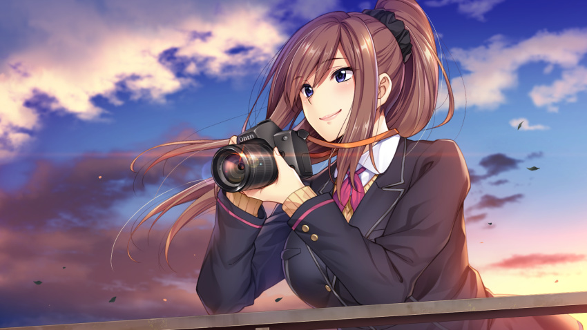 blue_eyes brown_hair camera clouds game_cg leaves like_x_love_~totsukawa_hikaru~ long_hair ponytail school_uniform shouji_nigou sky totsukawa_hikaru