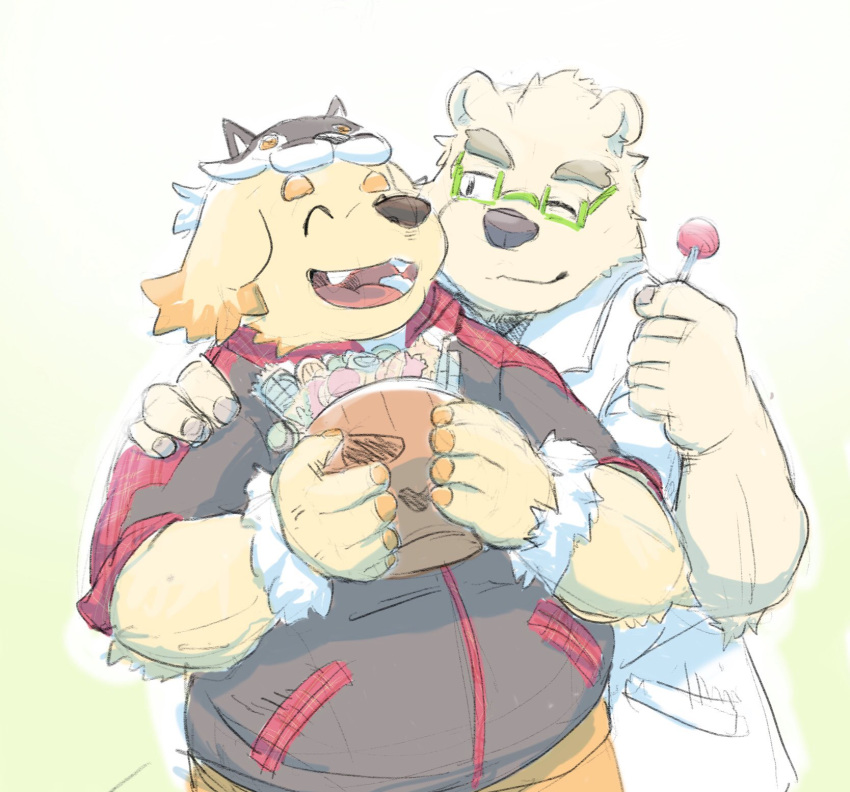 2019 anthro canid canine canis clothing cu_sith_(tas) domestic_dog duo eyes_closed eyewear glasses hi_res humanoid_hands leib_(tas) male mammal numpia one_eye_closed overweight overweight_male polar_bear shirt simple_background tokyo_afterschool_summoners topwear ursid ursine video_games white_background wink