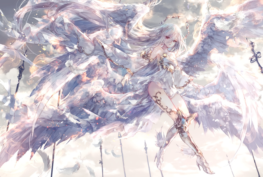 clouds dress feathers long_hair onineko original polychromatic sky white_hair wings