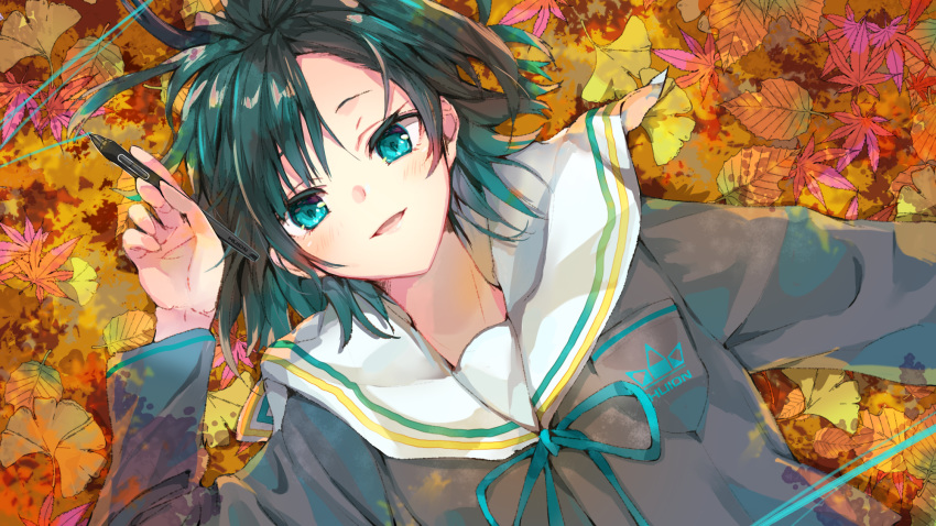 autumn blush close green_eyes green_hair huion leaves original school_uniform short_hair tomozero