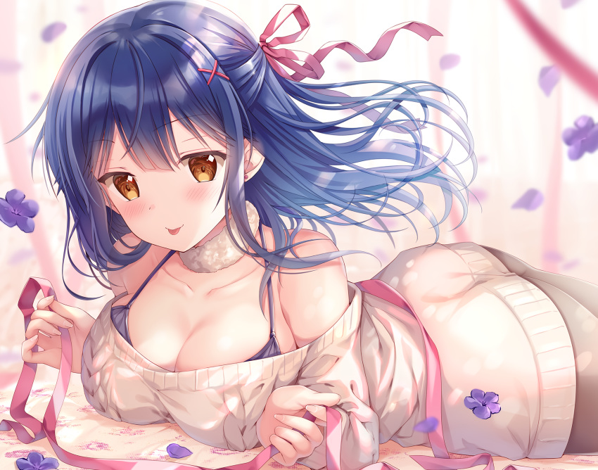ass blue_hair blush breasts brown_eyes cleavage cropped flowers long_hair original ribbons sousouman
