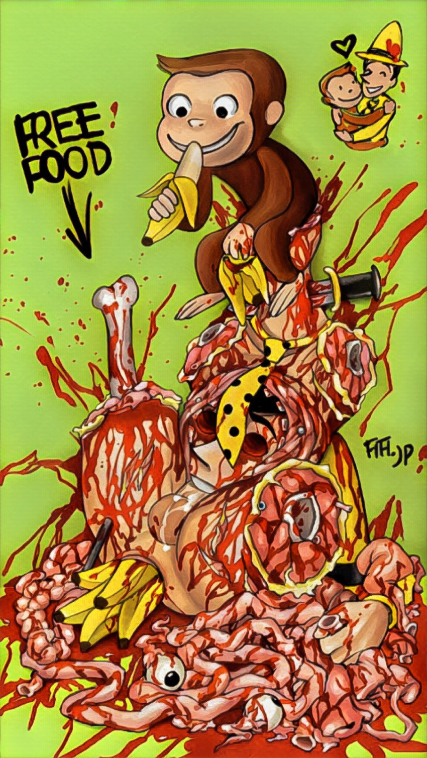 banana blood bodily_fluids bone curious_george death english_text fifi.jp food fruit gore grotesque hi_res human knife mammal plant text the_man_in_the_yellow_hat what why