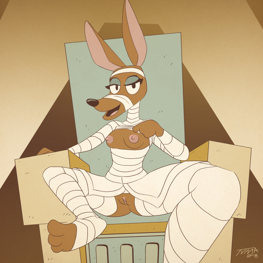 1:1 2018 absurd_res amunet_(ducktales) anubian_jackal bandage bedroom_eyes breasts canid canine canis chair disney ducktales ducktales_(2017) egyptian eyeshadow female furniture half-closed_eyes hi_res jackal looking_at_viewer makeup mammal monochrome nipples open_mouth presenting pussy seductive sepia solo throne tvma unwrapping