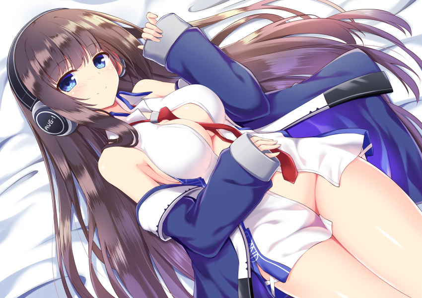 azur_lane blue_eyes brown_hair headphones kamishiro_(rsg10679) long_hair long_island_(azur_lane) no_bra nopan open_shirt tie