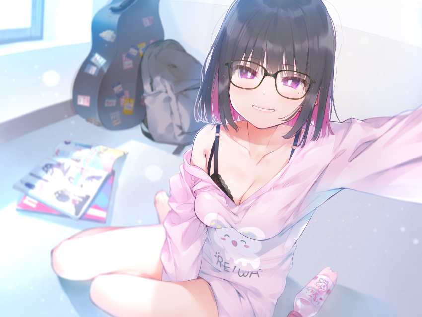 aihara_shouta black_hair bra breasts cleavage drink glasses original purple_eyes short_hair underwear