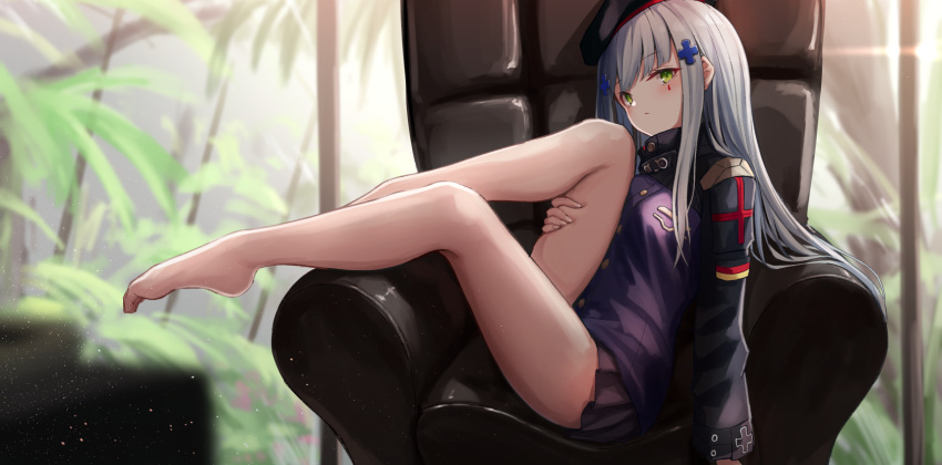 anthropomorphism barefoot blush cropped girls_frontline gray_hair green_eyes hat hk416_(girls_frontline) knoy3356 long_hair skirt