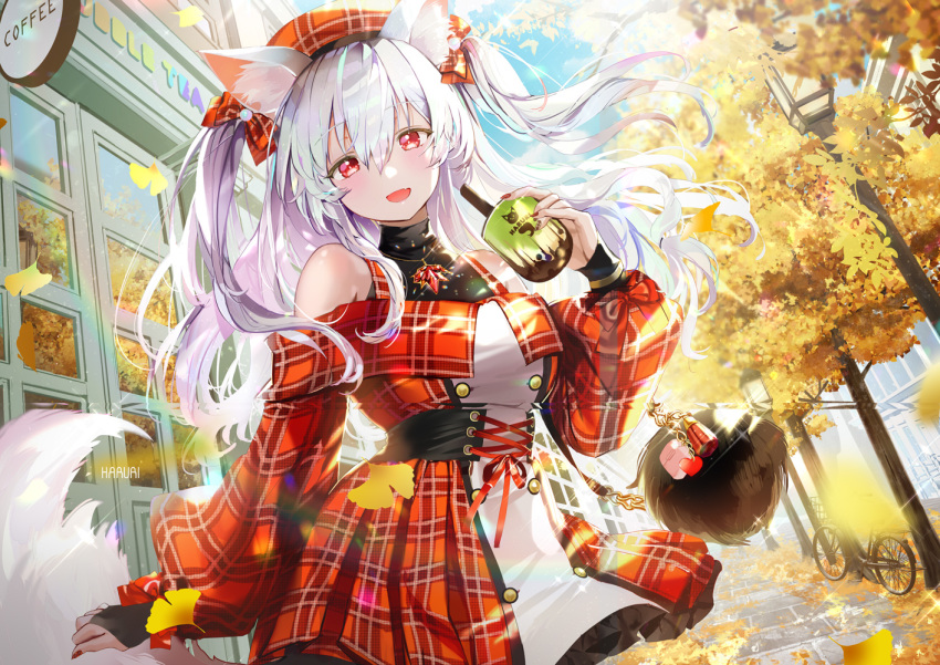animal_ears autumn bicycle blush building clouds dress drink foxgirl leaves long_hair mullpull necklace original red_eyes sky tail tree twintails watermark white_hair