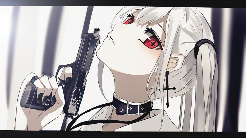 beckzawachi close collar fang gun original polychromatic red_eyes twintails weapon white_hair