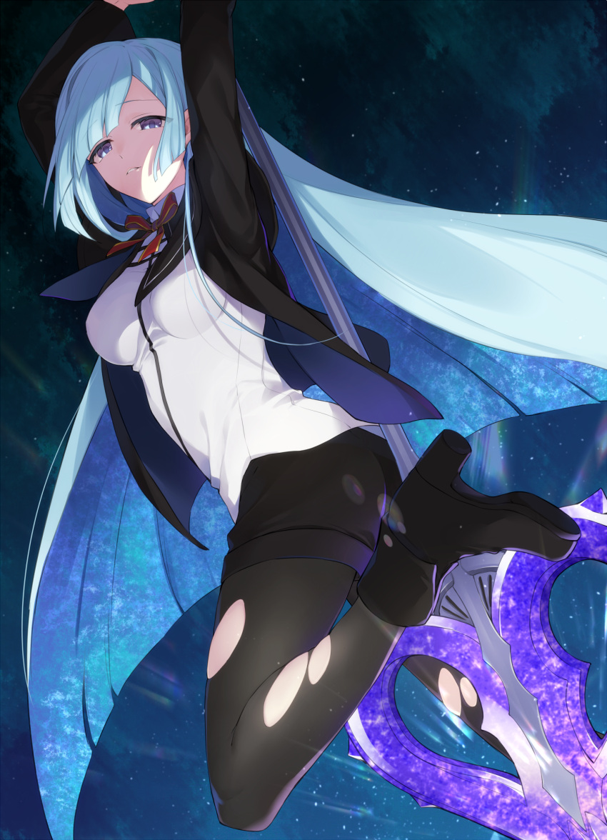 1girl arms_up asymmetrical_bangs bangs black_footwear boots breasts brynhildr_(fate) citron_82 commentary_request fate/empire_of_dirt fate/prototype fate/prototype:_fragments_of_blue_and_silver fate_(series) high_heels highres legwear_under_shorts long_hair looking_at_viewer medium_breasts pantyhose purple_eyes school_uniform shorts silver_hair solo torn_clothes torn_legwear very_long_hair