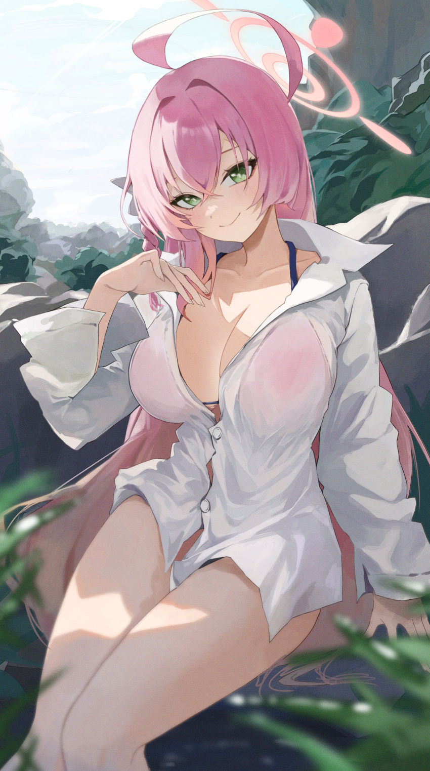 1girl absurdres ahoge bikini blue_archive blush braid breasts buttons closed_mouth collared_shirt feet_out_of_frame green_eyes hair_between_eyes halo hanako_(blue_archive) hanako_(swimsuit)_(blue_archive) highres large_breasts long_hair long_sleeves official_alternate_costume pink_hair pink_halo red_bikini shirt single_braid sitting smile solo su901 swimsuit white_shirt