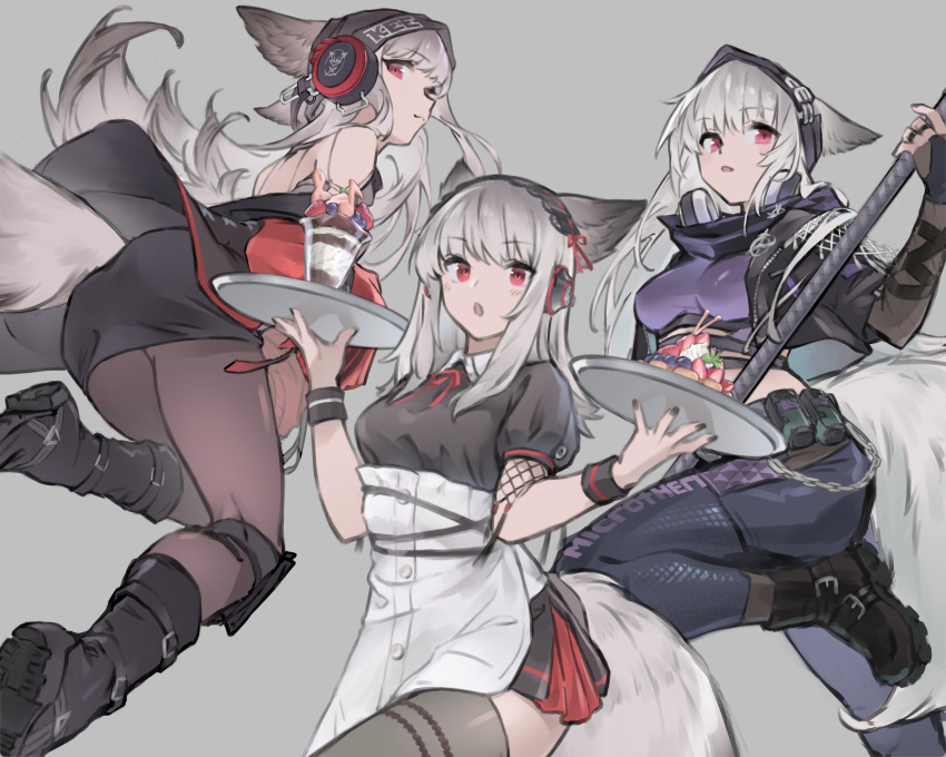 1girl absurdres animal_ears apron arknights beanie black_border black_dress black_footwear black_headwear black_pantyhose black_skirt black_thighhighs boots border breasts chikoku_no_oni clothes_writing cropped_jacket dress ears_through_headwear fox_ears fox_girl fox_tail frostleaf_(arknights) frostleaf_(breaking_the_ice)_(arknights) grey_hair hat headphones headphones_around_neck highres holding holding_tray holding_weapon implied_extra_ears jacket long_hair long_sleeves looking_at_viewer maid medium_breasts midriff multiple_persona neck_ribbon open_clothes open_jacket pantyhose parfait purple_shirt red_eyes red_jacket red_ribbon ribbon shirt sidelocks skirt tail thighhighs tray waist_apron weapon white_apron
