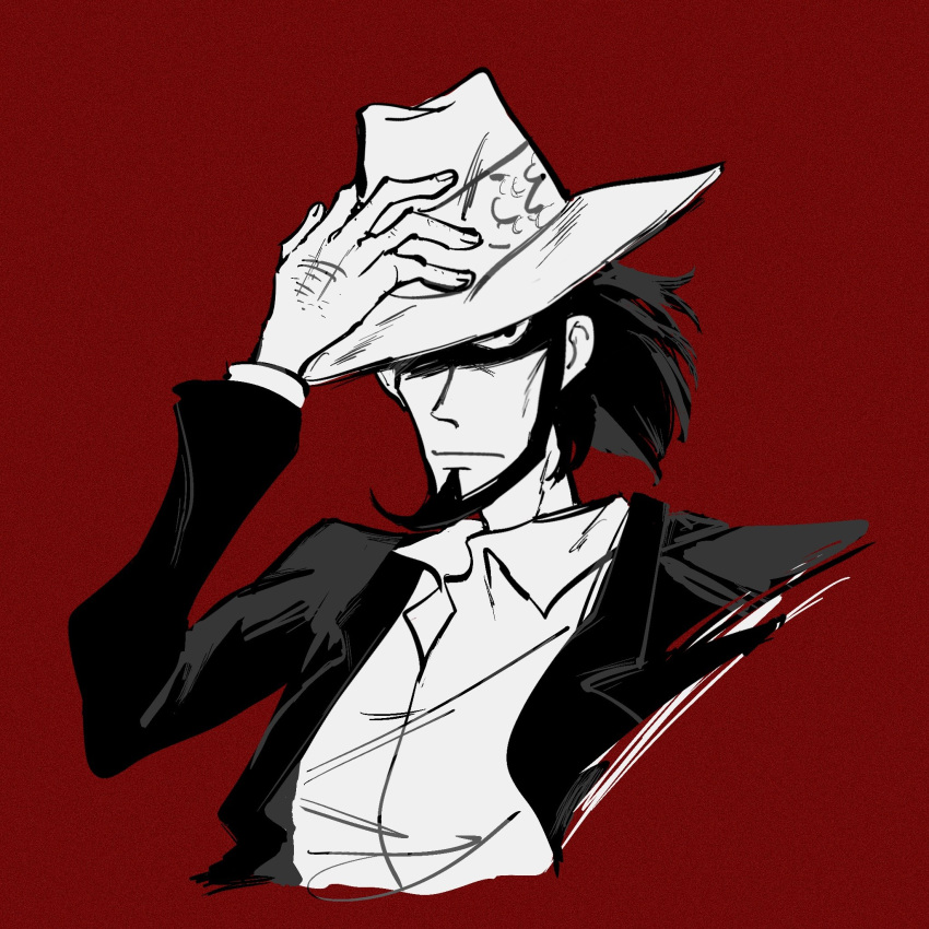 1boy beard closed_mouth collared_shirt cropped_torso facial_hair fan_li fedora fingernails greyscale_with_colored_background hand_hair hat hat_over_one_eye highres jacket jigen_daisuke long_sleeves looking_at_viewer lupin_iii male_focus red_background shirt short_hair solo