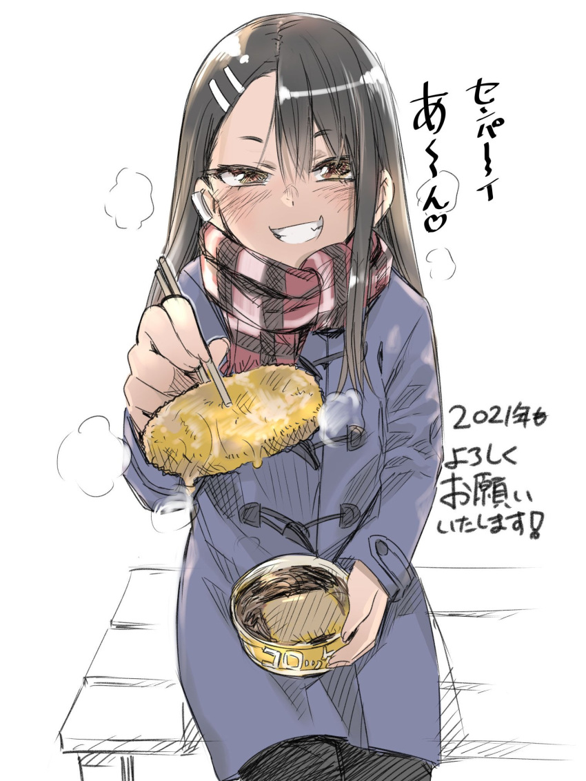 1girl 774_(nanashi) bench blue_coat checkered_clothes checkered_scarf chopsticks coat commentary_request dark-skinned_female dark_skin ear_piercing food grin hair_ornament hairclip highres holding holding_chopsticks holding_food ijiranaide_nagatoro-san incoming_food long_hair nagatoro_hayase partially_colored piercing scarf sitting smile solo steam translation_request