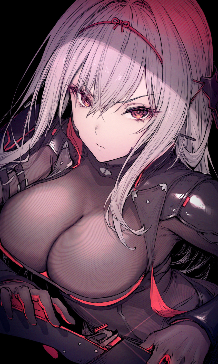 1girl armor black_background black_bodysuit bodysuit breasts cleavage closed_mouth from_above gloves goddess_of_victory:_nikke haoni highres large_breasts long_hair looking_at_viewer looking_up official_alternate_costume purple_eyes scarlet_(black_shadow)_(nikke) scarlet_(nikke) see-through shoulder_armor simple_background solo weapon