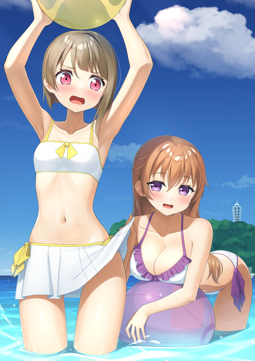 2girls :d apollo_(hu_maple) assisted_exposure asymmetrical_hair ball beachball bent_over bikini bikini_skirt blue_sky blunt_ends blush bob_cut breasts brown_hair clothes_lift cloud collarbone commentary_request cowboy_shot d: dot_nose frilled_bikini frills hair_between_eyes highres holding holding_ball holding_beachball konoe_kanata large_breasts light_brown_hair long_hair looking_at_another love_live! love_live!_nijigasaki_high_school_idol_club multicolored_bikini multicolored_clothes multiple_girls nakasu_kasumi navel open_mouth outdoors pleated_skirt purple_bikini purple_eyes red_eyes short_hair single_hair_intake skirt skirt_lift sky smile stomach sweatdrop swimsuit transparent_beachball v-shaped_eyebrows wading wet white_bikini