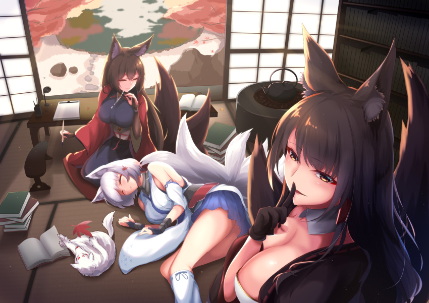 akagi_(azur_lane) amagi_(azur_lane) anthropomorphism azur_lane black_hair blush book brown_hair foxgirl gloves japanese_clothes kaga_(azur_lane) leaves long_hair multiple_tails saboten sleeping tail white_hair yellow_eyes