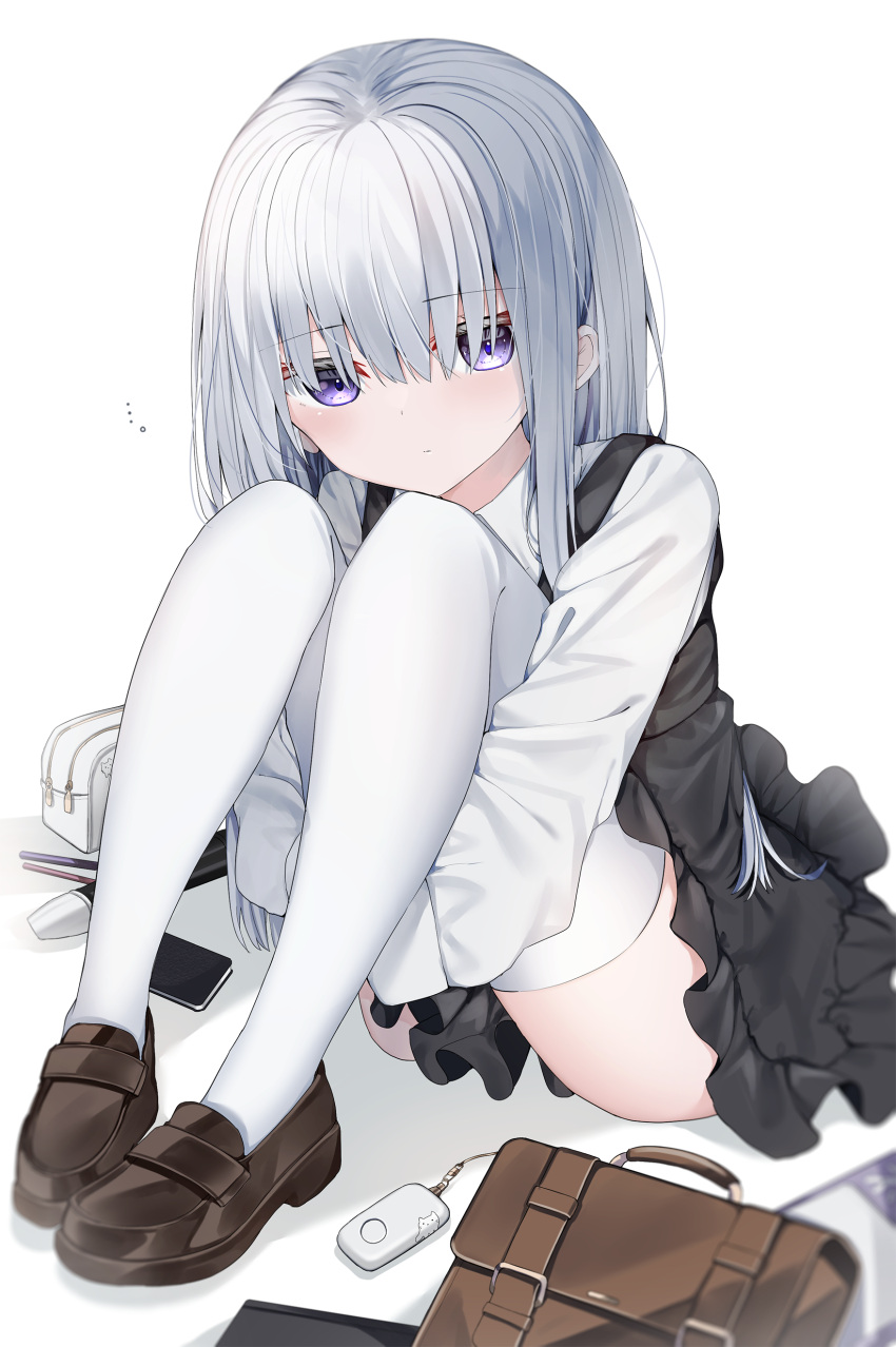 ... 1girl absurdres black_dress blush briefcase brown_footwear closed_mouth collared_shirt dress frilled_dress frills grey_hair hair_between_eyes highres hugging_own_legs knees_up loafers long_hair long_sleeves looking_at_viewer neku_(neku_draw) original puffy_long_sleeves puffy_sleeves purple_eyes school_briefcase school_uniform shirt shoes simple_background sleeveless sleeveless_dress solo thighhighs very_long_hair white_background white_shirt white_thighhighs