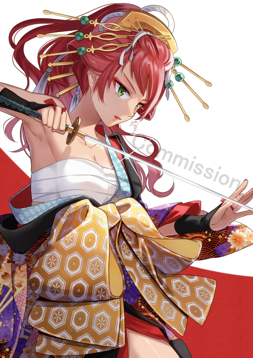 1girl arm_guards armpits bare_shoulders breasts cleavage collarbone commission copyright_request green_eyes hadanugi_dousa highres holding holding_sword holding_weapon katana long_hair medium_breasts nekozuki_yuki parted_lips red_background red_hair red_lips sarashi skeb_commission solo sword two-tone_background watermark weapon white_background