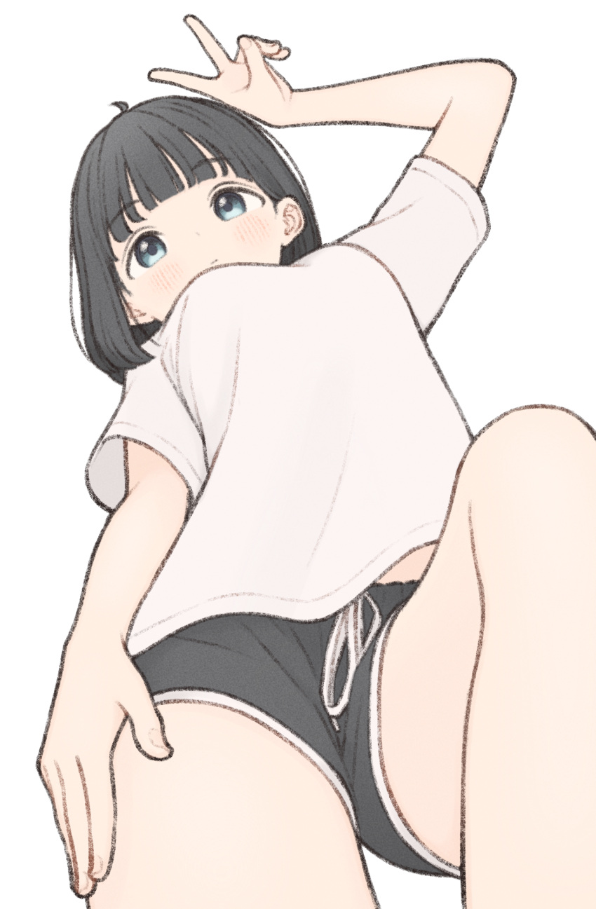 1girl 1ssakawaguchi absurdres ahoge arm_up black_hair black_shorts blue_eyes bob_cut commentary_request drawstring expressionless foreshortening from_below hand_on_own_thigh highres ichika_(1ssakawaguchi) knee_up light_blush loose_clothes loose_shirt lying midriff_peek on_back original shirt short_shorts short_sleeves shorts simple_background solo thighs v white_background white_shirt