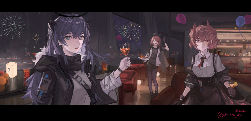 3girls ;d absurdres animal_ears arknights balloon bird_ears black_gloves black_halo black_jacket black_shirt black_skirt blue_eyes blue_hair cocktail_glass cup demon_horns drinking_glass exusiai_(arknights) fiammetta_(arknights) fireworks fur-trimmed_hood fur_trim gloves grey_shirt halo hand_up happy_new_year high-waist_skirt highres holding holding_cup holding_plate hood hood_down hooded_jacket horns indoors jacket layered_sleeves letterboxed long_hair long_sleeves looking_at_viewer mostima_(arknights) multiple_girls night off_shoulder one_eye_closed open_clothes open_jacket plate red_eyes red_hair shirt shirt_tucked_in short_hair shuimo skirt smile suspender_skirt suspenders watch white_jacket white_shirt window wristwatch