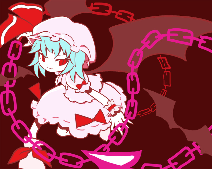 1girl bat_wings chain dress hat mob_cap pink_dress red_eyes remilia_scarlet rizu_mine solo spell_card touhou wings wrist_cuffs