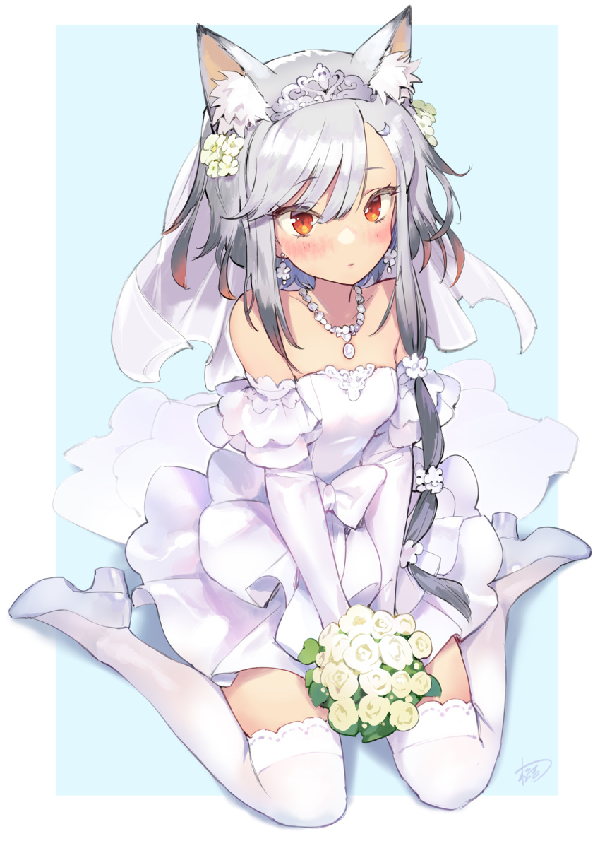 1girl animal_ear_fluff animal_ears bare_shoulders blush bouquet bridal_veil commentary_request commission dress earrings elbow_gloves flower gloves grey_hair high_heels highres hizuki_hino holding holding_bouquet indie_virtual_youtuber jewelry long_hair looking_at_viewer matsuda_(matsukichi) necklace off-shoulder_dress off_shoulder orange_eyes pixiv_commission sitting solo thighhighs tiara veil very_long_hair wariza white_dress white_flower white_footwear white_gloves white_thighhighs wolf_ears