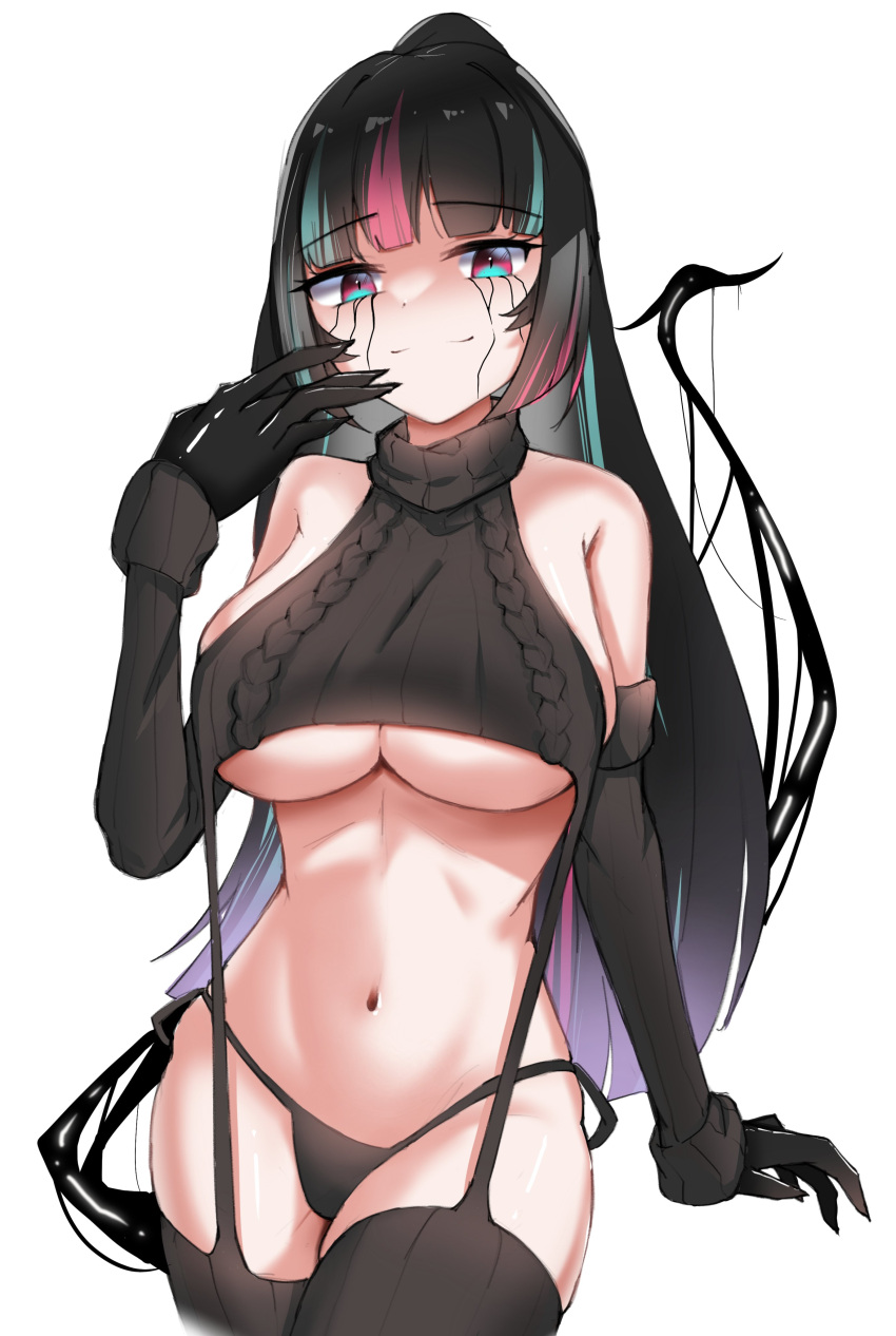 1girl absurdres argyle argyle_sweater bare_shoulders bikini bikini_bottom_only black_bikini black_gloves black_hair black_liquid black_panties black_sleeves black_sweater black_thighhighs blue_eyes blue_hair breasts closed_mouth detached_sleeves emma_llama gloves groin highres indie_virtual_youtuber large_breasts liquid_from_eyes long_hair looking_at_viewer multicolored_hair navel panties pink_eyes pink_hair runny_makeup second-party_source simple_background solo stomach streaked_hair sweater swimsuit tail thighhighs turtleneck turtleneck_sweater two-tone_eyes underboob underwear valella_moon virgin_destroyer_sweater virtual_youtuber