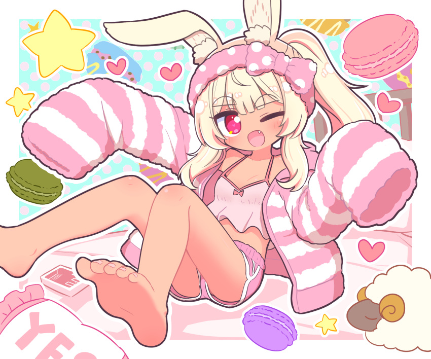 1girl ;d animal_ear_fluff animal_ears bare_shoulders barefoot blonde_hair blush bow breasts camisole collarbone commentary_request dark-skinned_female dark_skin fang feet food foot_out_of_frame frilled_pillow frills hairband heart heart-shaped_pupils highres hood hood_down hooded_jacket jacket legs long_hair long_sleeves looking_at_viewer macaron masurao_(sekaiju) masurao_2_(sekaiju) naga_u one_eye_closed open_clothes open_jacket original outline pillow pink_bow pink_camisole pink_hairband pink_shorts polka_dot polka_dot_bow polka_dot_hairband ponytail purple_eyes rabbit_ears sekaiju_no_meikyuu sekaiju_no_meikyuu_5 short_shorts shorts sidelocks sleeves_past_fingers sleeves_past_wrists small_breasts smile soles solo star_(symbol) striped striped_jacket symbol-shaped_pupils thick_eyebrows toenails toes very_long_hair white_outline yes yes-no_pillow