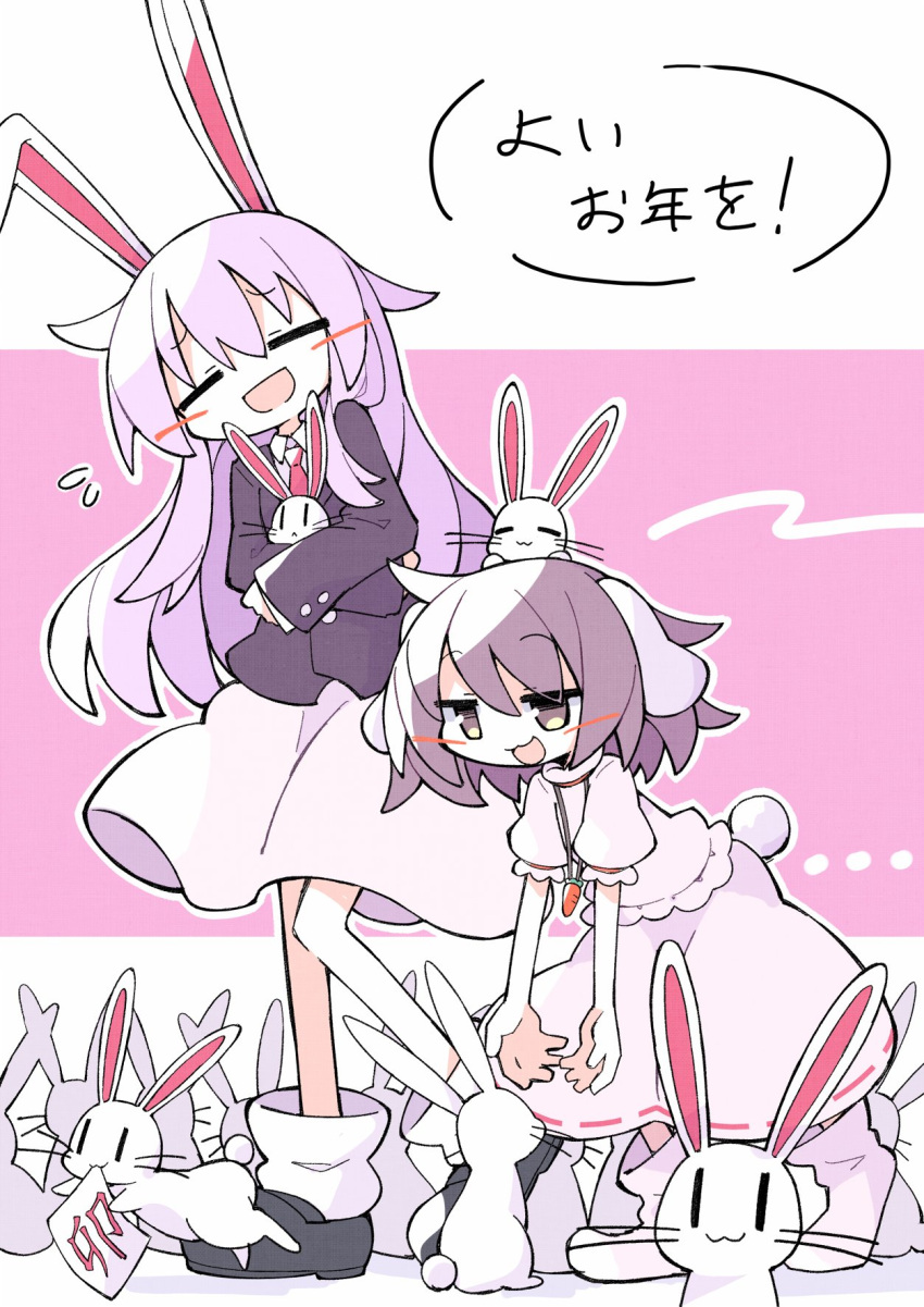 2girls :3 :d =_= animal animal_ears animal_on_head asameshi black_footwear blazer brown_hair carrot_necklace commentary_request facing_viewer flying_sweatdrops full_body highres holding holding_animal inaba_mob_(touhou) inaba_tewi jacket jewelry leaning_forward long_hair long_sleeves loose_socks lop_rabbit_ears medium_hair multiple_girls necklace necktie on_head open_mouth puffy_short_sleeves puffy_sleeves purple_jacket rabbit rabbit_ears rabbit_girl rabbit_on_head rabbit_tail red_necktie reisen_udongein_inaba shirt shoes short_sleeves skirt smile socks tail too_many too_many_rabbits touhou translation_request white_shirt white_skirt white_socks