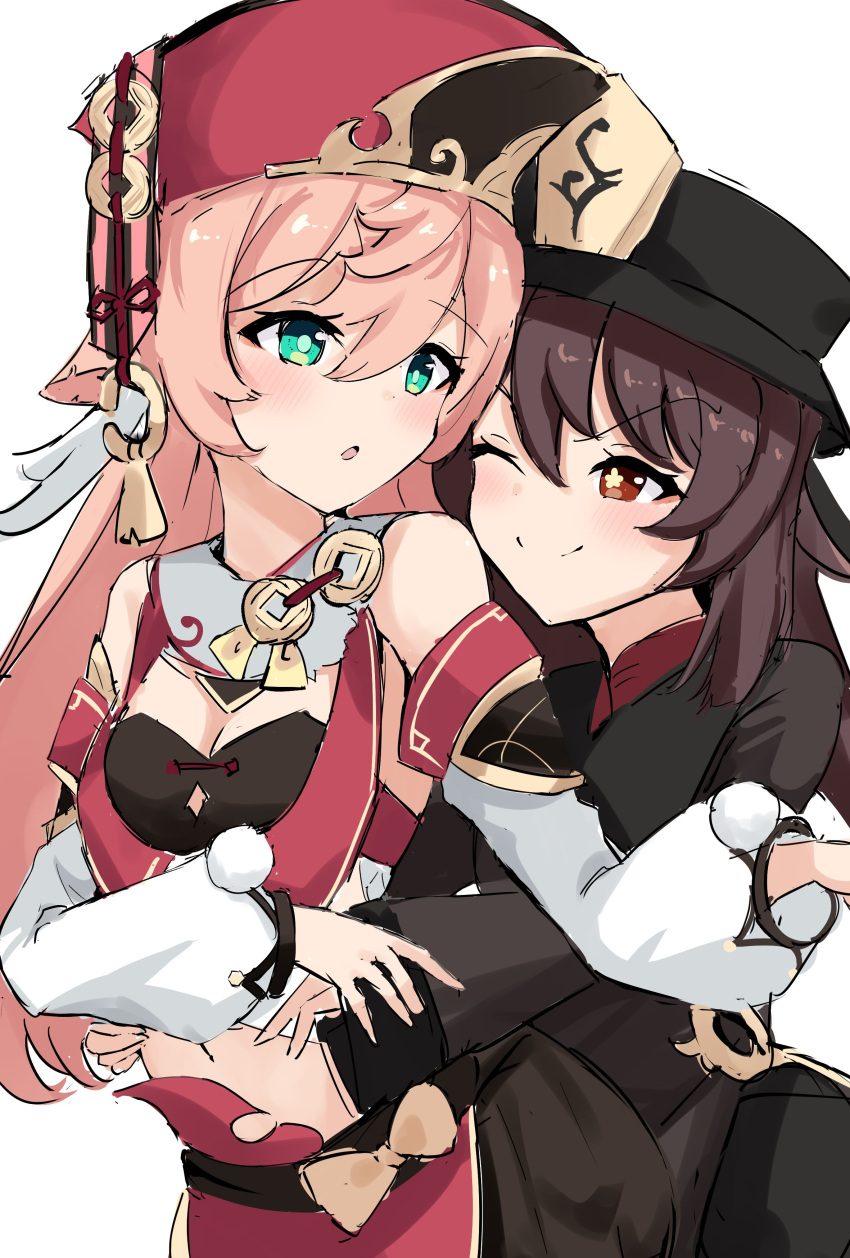 2girls :o ;) absurdres bare_shoulders black_headwear black_shirt blush breasts cleavage commentary_request crop_top day_mello detached_sleeves genshin_impact green_eyes highres hu_tao_(genshin_impact) long_hair long_sleeves midriff multiple_girls navel one_eye_closed parted_lips pink_hair pom_pom_(clothes) red_headwear shirt smile stomach upper_body very_long_hair white_background yanfei_(genshin_impact)
