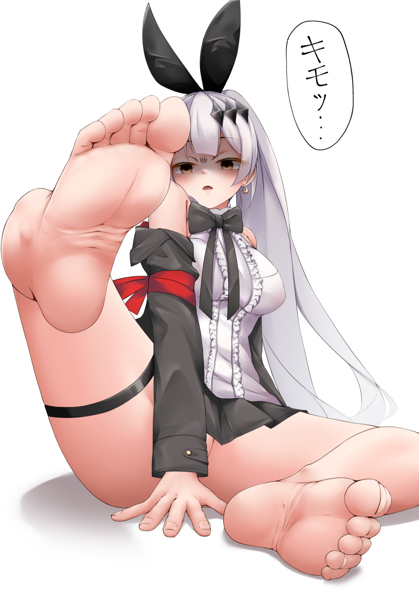 1girl absurdres armband bare_shoulders barefoot black_bow black_bowtie black_jacket black_ribbon black_skirt bow bowtie breasts brown_eyes commentary covering_crotch covering_privates crescent crescent_earrings disgust earrings empty_eyes feet five-seven_(girls'_frontline) foot_focus foot_up frown full_body girls'_frontline hair_ornament hair_ribbon highres jacket jewelry kaeru-taro large_breasts leg_ribbon long_hair long_sleeves no_panties off_shoulder open_mouth pleated_skirt ponytail red_armband ribbon shaded_face shirt simple_background sitting skirt sleeveless sleeveless_shirt soles solo thigh_ribbon toes variant_set very_long_hair white_background white_hair white_shirt