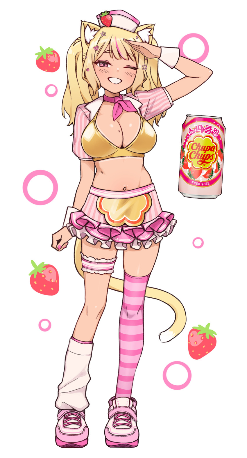 1girl absurdres animal_ears arm_up asymmetrical_legwear bikini bikini_top_only blonde_hair breasts can candy cat_ears chupa_chups cleavage comiket_103 commentary_request food frilled_skirt frills fruit full_body hair_ornament hat heart heart_hair_ornament highres large_breasts lollipop long_hair looking_at_viewer loose_socks miniskirt mole mole_on_breast navel neckerchief one_eye_closed original pink_eyes pink_footwear pink_nails pink_neckerchief salute shoes shrug_(clothing) single_thighhigh skirt smile sneakers socks solo star_(symbol) star_hair_ornament strawberry striped striped_thighhighs swimsuit thigh_strap thighhighs twintails white_background wrist_cuffs yeun