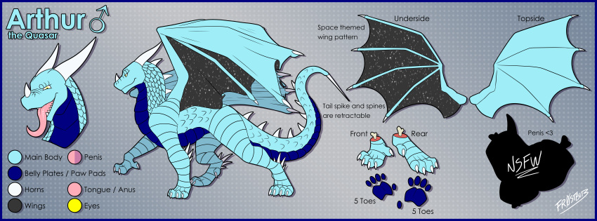 5_toes absurd_res arthur_the_quasar blue_body blue_border blue_scales border claws dorsal_ridge dragon english_text feet feral fr0stbit3 hi_res horn male model_sheet open_mouth quasar_dragon scales scalie solo star_pattern text toes tongue walking western_dragon white_horn wings yellow_eyes