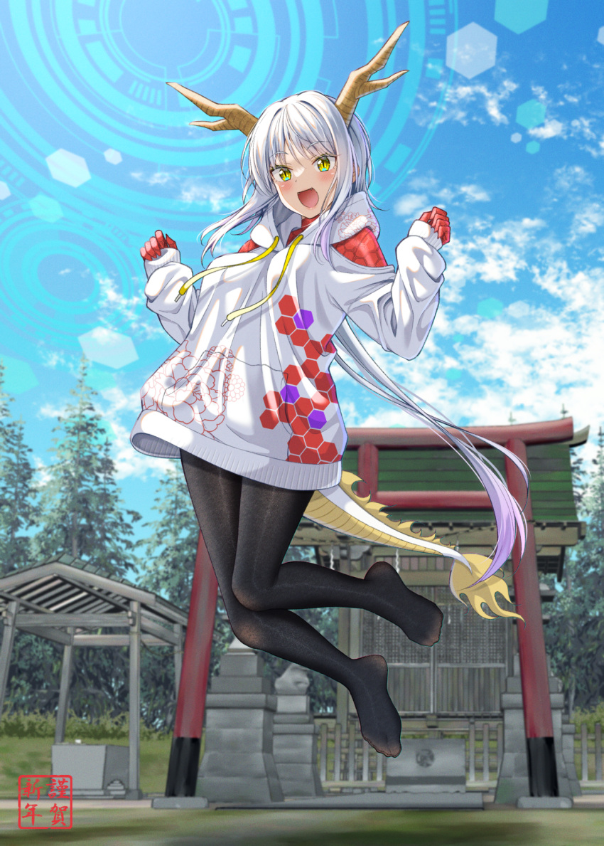 1girl :d black_pantyhose blue_sky breasts chinese_zodiac clothing_cutout cloud commentary_request day dragon_girl dragon_horns dragon_tail drawstring grey_hair gurande_(g-size) hair_between_eyes hands_up highres hood hood_down hoodie horns jumping long_hair medium_breasts midair no_shoes original outdoors pantyhose pinching_sleeves shoulder_cutout sky smile solo tail torii very_long_hair white_hoodie year_of_the_dragon yellow_eyes