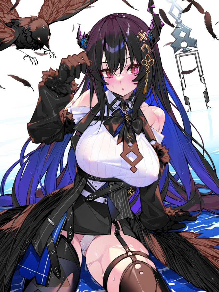 1girl ass_visible_through_thighs asymmetrical_horns bare_shoulders bird black_hair blue_hair blush breasts cameltoe colored_inner_hair covered_nipples demon_horns fur_trim gloves hair_ornament highres hololive hololive_english horns large_breasts long_hair looking_at_viewer mole mole_under_eye multicolored_hair nerissa_ravencroft nerissa_ravencroft_(1st_costume) open_mouth panties red_eyes shadow_(nerissa_ravencroft) smile solo thick_thighs thighs two-tone_hair underwear uneven_horns very_long_hair virtual_youtuber waterring white_panties