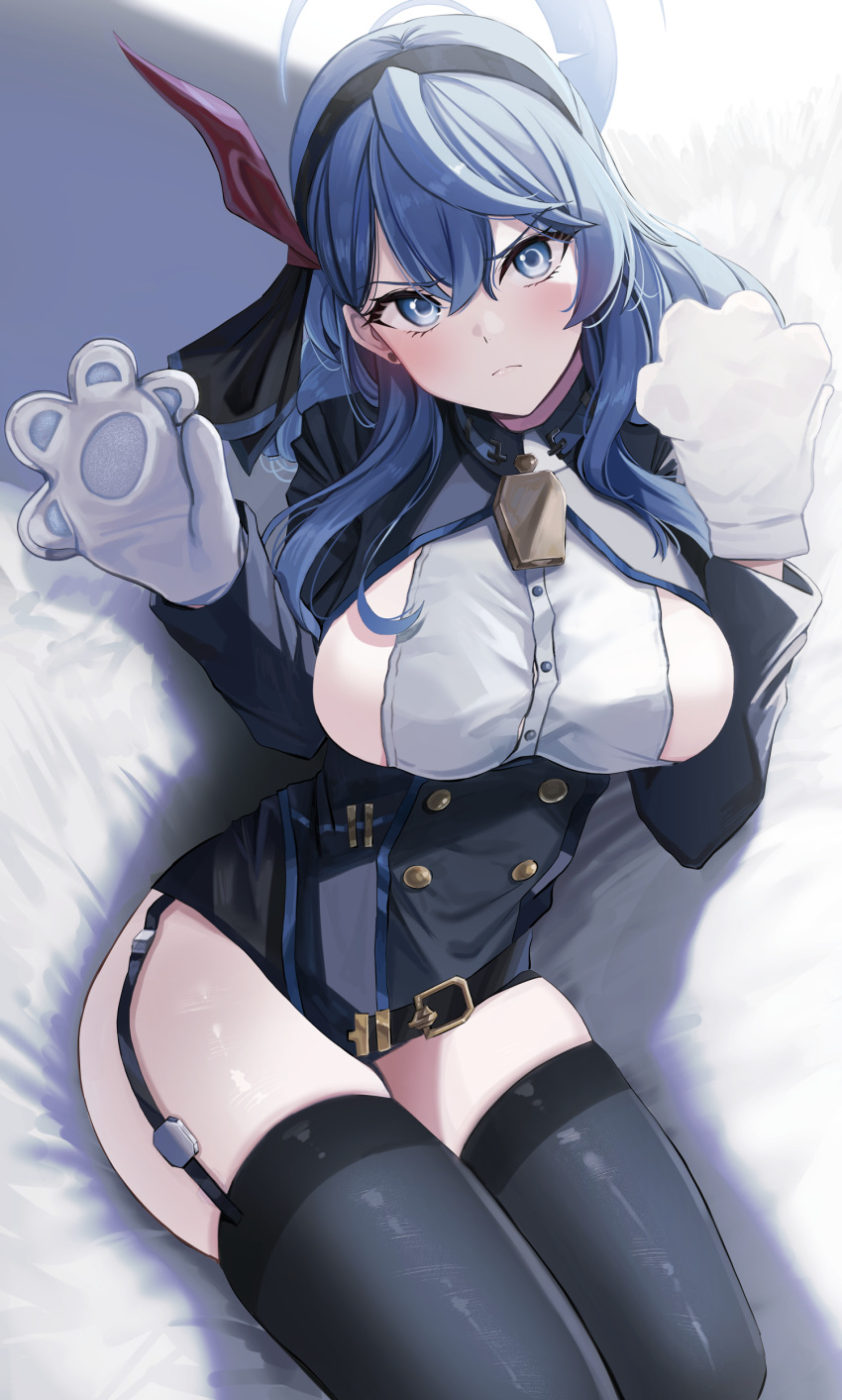 1girl absurdres ako_(blue_archive) animal_hands bell black_skirt black_thighhighs blue_archive blue_eyes blue_hair blue_jacket blush breasts buttons collar cowbell double-breasted garter_straps gloves hair_between_eyes hair_ribbon hairband halo highres jacket large_breasts long_hair long_sleeves looking_at_viewer miniskirt nicky_w paw_gloves pencil_skirt ribbon sideboob skirt solo thighhighs thighs underbust
