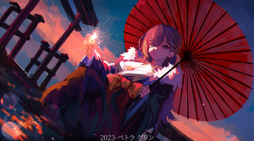 1girl 2023 absurdres black_kimono blue_eyes bow braid breasts collarbone commentary_request evening firecrackers fur-trimmed_kimono fur_trim highres holding holding_umbrella japanese_clothes kimono large_bow large_breasts long_hair looking_at_viewer naokomama nijisanji nijisanji_en oil-paper_umbrella outdoors parted_lips petra_gurin red_bow single_braid sky solo teeth torii translation_request umbrella virtual_youtuber