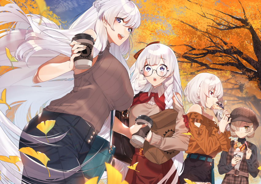 anthropomorphism autumn azur_lane belfast_(azur_lane) blonde_hair blue_eyes braids breasts drink edinburgh_(azur_lane) glasses group hat leaves long_hair red_eyes sheffield_(azur_lane) short_hair sino42 sirius_(azur_lane) skirt sky white_hair yellow_eyes