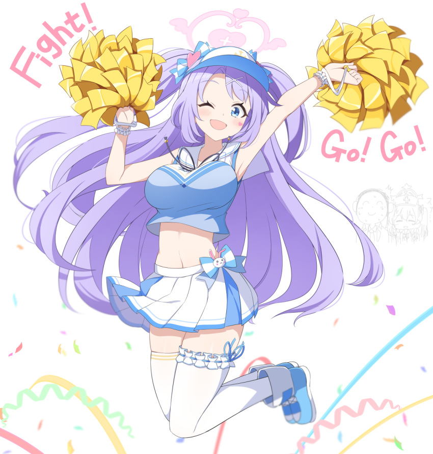 1boy 2girls armpits blue_archive blue_eyes blue_footwear blush boots breasts cheering cheerleader doodle_sensei_(blue_archive) hair_ornament halo hanae_(cheer_squad)_(blue_archive) hat highres holding holding_pom_poms hoshino_ouka large_breasts long_hair multiple_girls navel one_eye_closed open_mouth pink_halo pleated_skirt pom_pom_(cheerleading) purple_hair sensei_(blue_archive) serina_(blue_archive) skirt smile thighhighs two_side_up white_skirt white_thighhighs x_hair_ornament