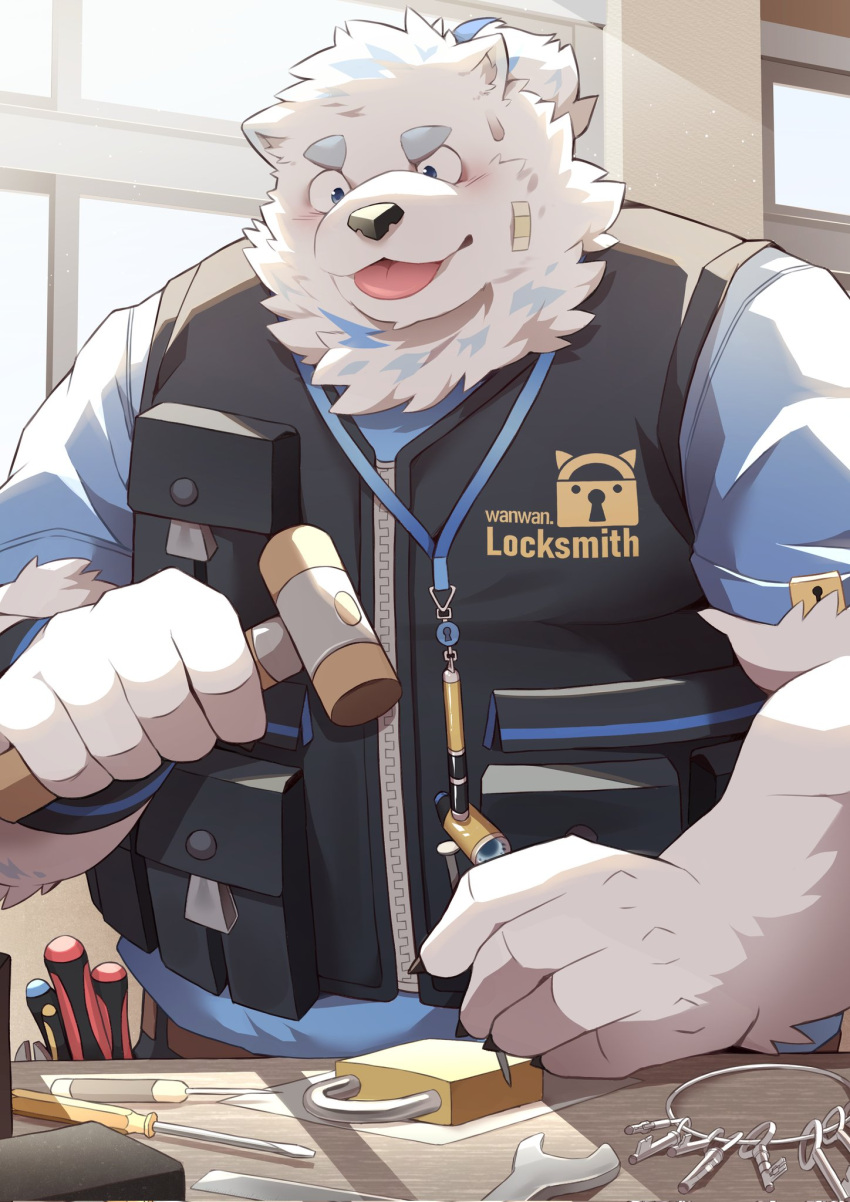 anthro bandage_on_face blep blush canid canine canis clothing domestic_dog fur hammer hi_res jewelry lifewonders live_a_hero lock locksmith male mammal necklace nordic_sled_dog overweight park_draw samoyed solo spitz tongue tongue_out tools topwear vest white_body white_fur yohack zipper