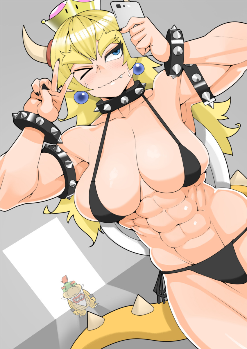 abs absurdres armlet asha bikini blonde_hair blue_eyes bowser bowsette bracelet breasts cellphone crown earrings fang genderswap genderswap_(mtf) highres horns jewelry large_breasts long_hair mario_(series) micro_bikini muscular muscular_female one_eye_closed phone selfie smartphone spiked_armlet spiked_bracelet spikes sweat swimsuit tail