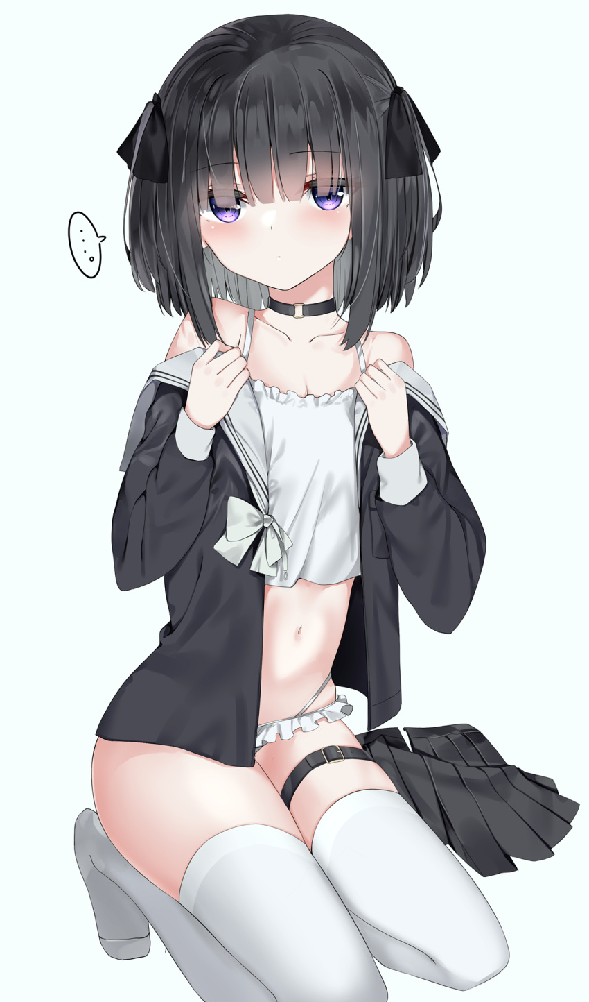 ... 1girl bare_shoulders black_choker black_hair black_ribbon black_shirt black_skirt bow breasts camisole choker cleavage closed_mouth collarbone frilled_panties frills grey_background hair_ribbon highres kneeling long_sleeves looking_at_viewer neku_(neku_draw) no_shoes o-ring o-ring_choker off_shoulder open_clothes open_shirt original panties pleated_skirt puffy_long_sleeves puffy_sleeves ribbon sailor_collar school_uniform serafuku shirt simple_background skirt small_breasts solo spoken_ellipsis thighhighs two_side_up underwear unworn_skirt white_bow white_camisole white_panties white_sailor_collar white_thighhighs