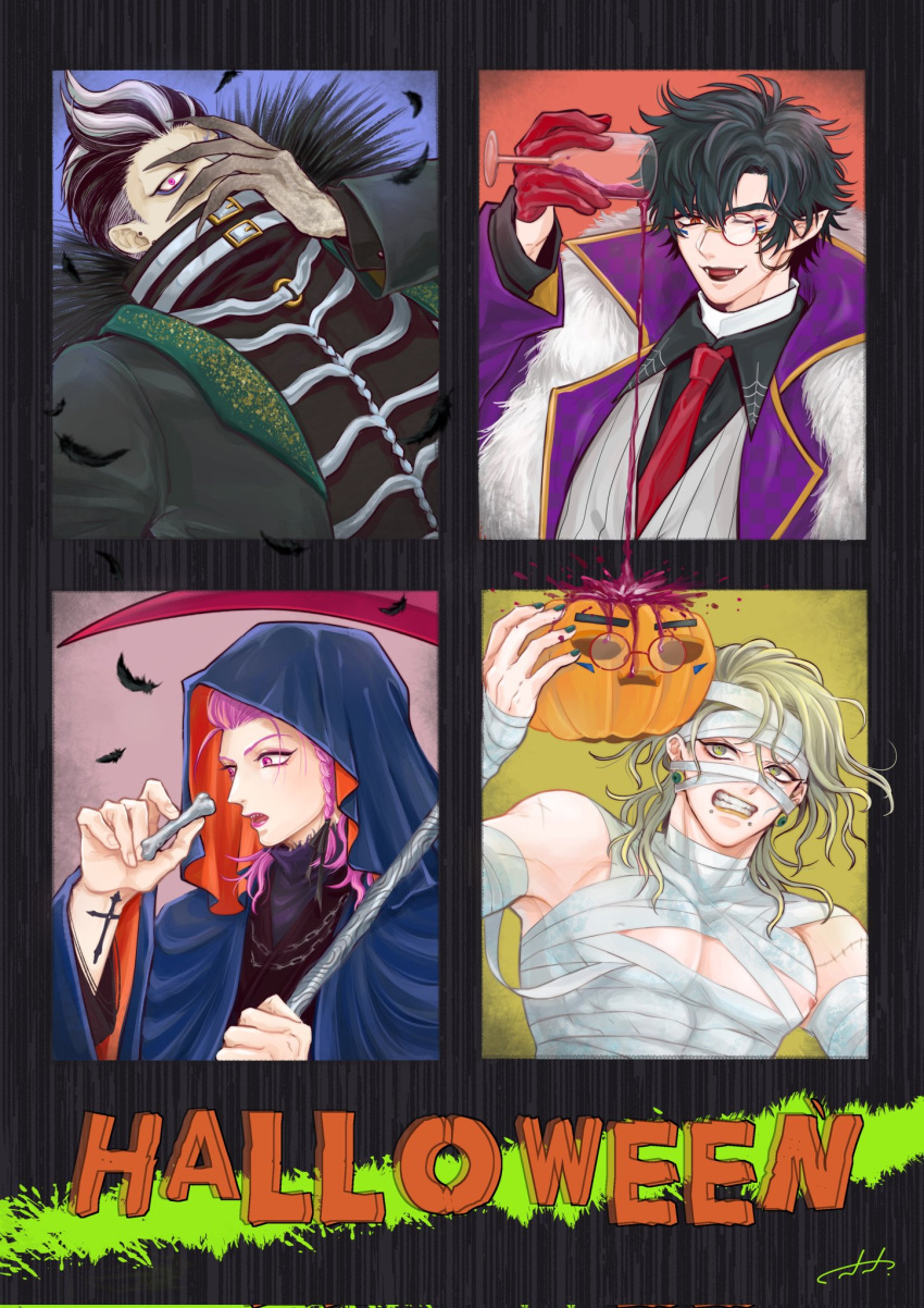 4boys alcohol alternate_costume alternate_hairstyle animal_hands annoyed aphex_logan bandaged_chest belt black_hair black_lips black_nails bone braid chain_necklace claws clenched_teeth commentary_request cross_tattoo cup danganronpa_(series) danganronpa_2:_goodbye_despair drinking_glass fangs feathers glasses gloves green_eyes green_hair grey_hair hair_between_eyes halloween_costume hand_over_eye hand_up high_collar highres holding holding_bone holding_cup holding_scythe hood hood_up jack-o'-lantern jewelry lipstick long_hair long_sleeves looking_at_viewer makeup male_focus master_detective_archives:_rain_code monocle multicolored_hair multiple_boys mummy_costume nail_polish necklace necktie one_eye_closed oo_(snk_time) open_mouth pectorals pink_eyes pink_hair pink_lips pointy_ears red_eyes red_gloves red_necktie round_eyewear scythe short_hair side_braid smile soda_kazuichi tanaka_gundham teeth upper_body vampire_costume white_belt wine wine_glass zilch_alexander